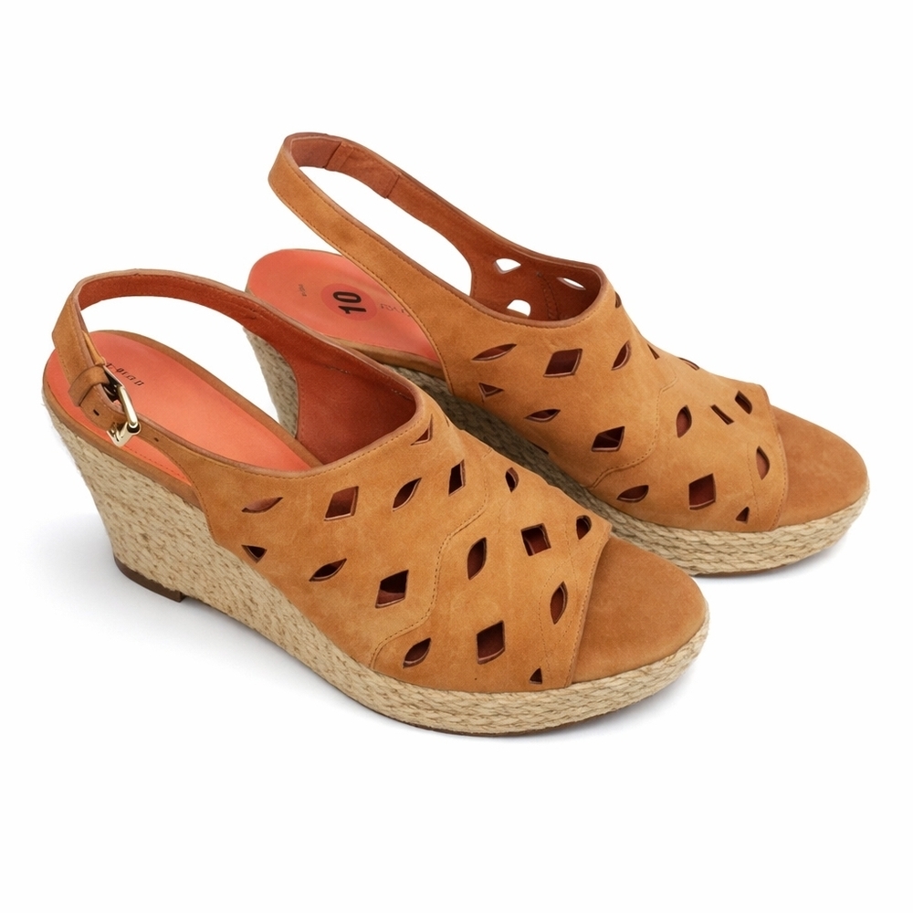 Via Spiga Nubuck Laser Cut Slingback Espadrille Wedge Sandals Tan Size 10 NWT - Picture 2 of 9